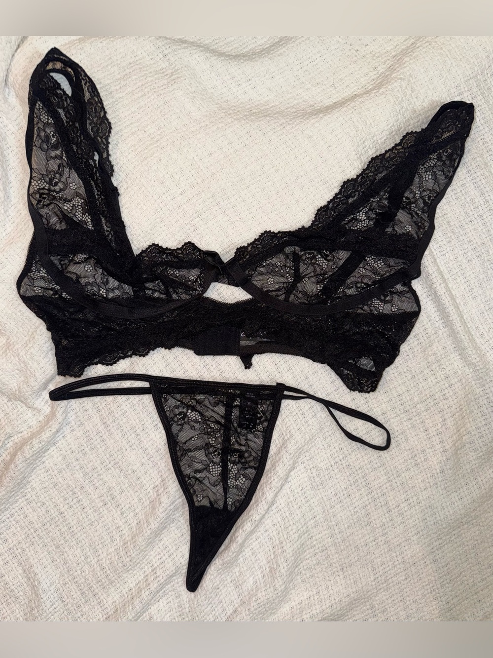 Sheer Lace Black Bralette & Thong Set - Delicate Lace Design